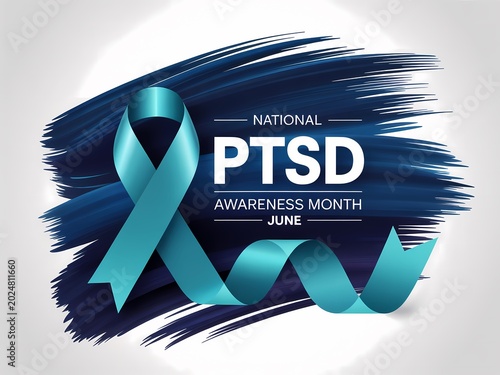 Teal awareness ribbon for national ptsd awareness month in june with dark blue brush stroke background