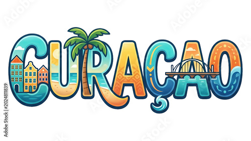 Illustrated typographic logo lettering of the word Curacao featuring local landmarks, colorful colonial houses, and a palm tree