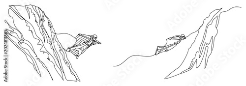 Canvastavla Extreme wingsuit flyers soaring through a mountain canyon in minimalist line art