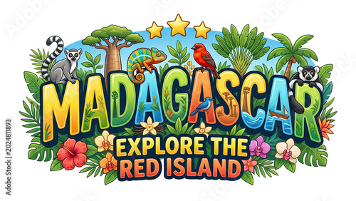 Madagascar travel typographic design featuring endemic wildlife, baobab trees, lemurs, and exotic tropical flowers
