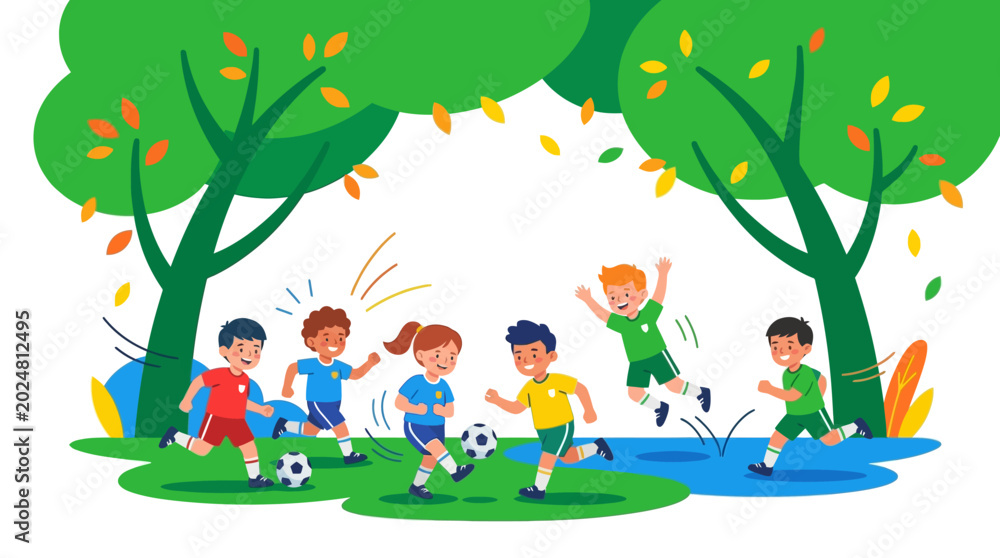 Obraz premium Children playing soccer in a park, diverse group, fun outdoor activity