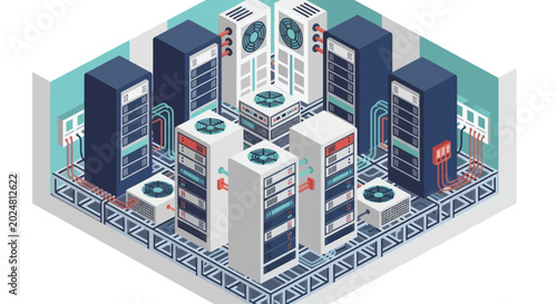 Fotografie Modern Server Room with Racks and Cooling Systems.