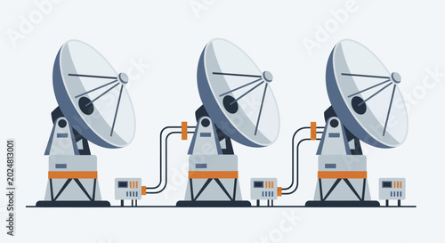 Fotografía Three Satellite Dishes Arrayed in a Row for Communication.