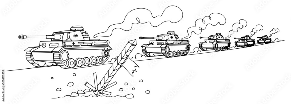 Obraz premium Continuous line drawing of a military tank column moving through a battlefield with smoke and dust clouds