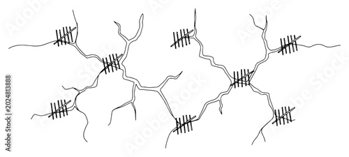 Schilderij op canvas Continuous line art of tally marks on a cracked wall representing days spent in