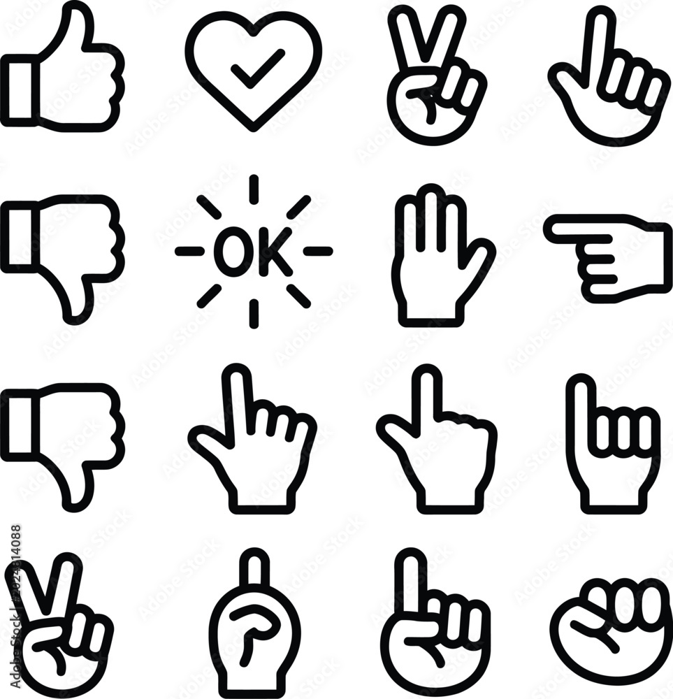 Fototapeta premium Hand gesture icon set, thumbs up peace sign pointing fist minimalist line art vector illustration collection design