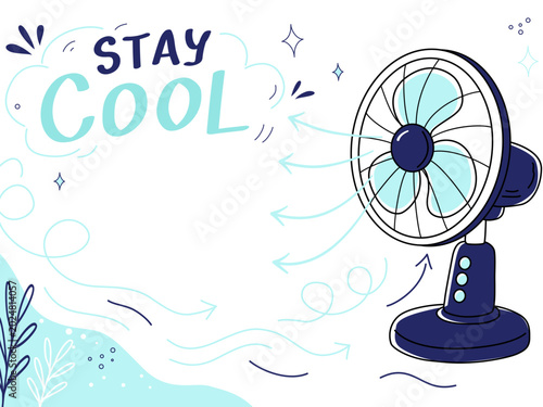 Cute stay cool summer banner with electric fan and airflow doodles for heatwave and cooling themes