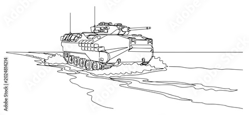 Canvastavla Continuous line drawing of an amphibious armored military vehicle crossing water