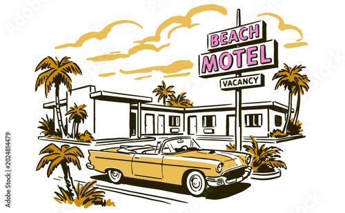 Foto Vintage Beach Motel Illustration with Classic Yellow Convertible Car and Palm Trees