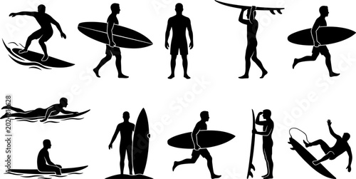 Photography Surfing athlete silhouette collection featuring surfers carrying boards riding o