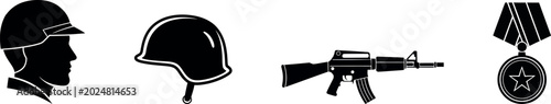 Foto Military silhouette icons set with soldier helmet rifle and medal