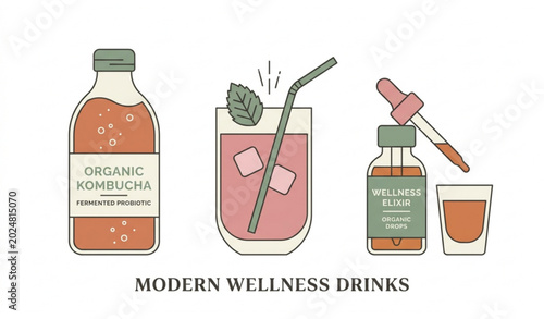 Foto Modern Organic Kombucha Bottle and Healthy Herbal Wellness Drinks Vector