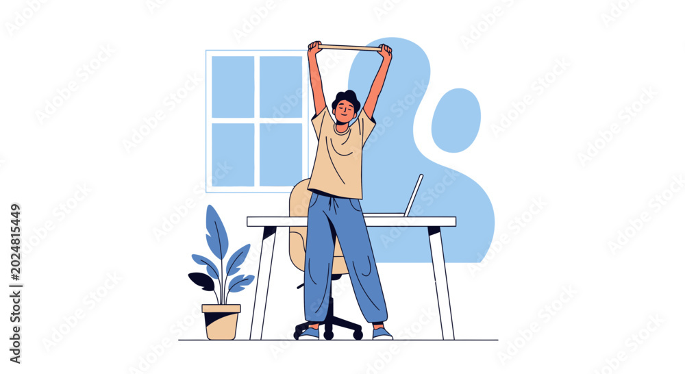 Fototapeta premium Man stretching at home office desk, promoting healthy work-life balance and well-being.