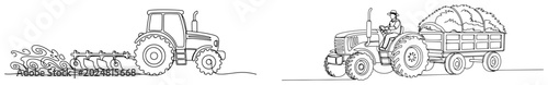 Foto One line drawing of a tractor plowing soil and a tractor pulling a trailer with