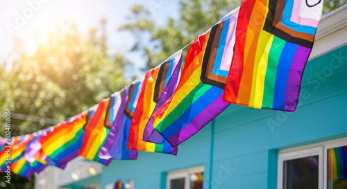 Rainbow flags with progressive elements strung along a building, symbolizing pride, diversity, and LGBTQ+ rights, ideal for community or celebration themes