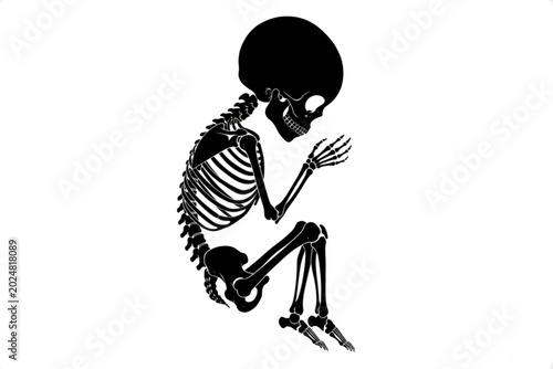 Obraz na plátne Skeleton of a Fetus in Pose of Reflection: A stark, black-and-white illustration depicts the skeleton of a fetus in a fetal position, conveying a sense of fragility and contemplation