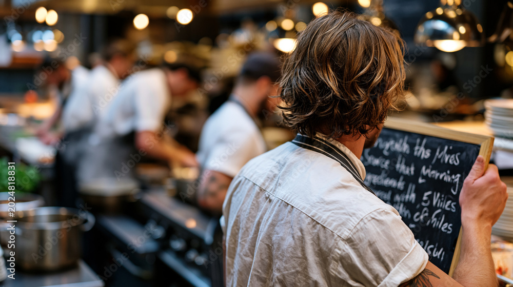 Fototapeta premium A hyperlocal restaurant kitchen where a chef holds up a handwritten chalkboard listing that morning's ingredients sourced within five miles, line cooks behind him prepping at steel counters, steam r