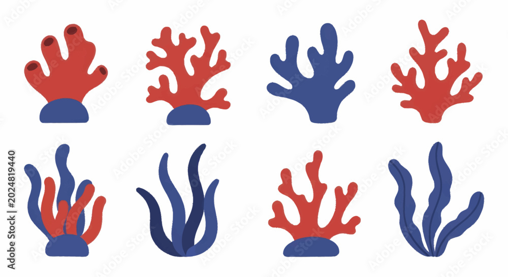 Fototapeta premium Collection of stylized coral reef elements in red and blue.