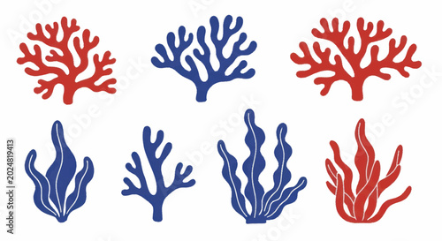 Collection of stylized coral and seaweed illustrations in red and blue.