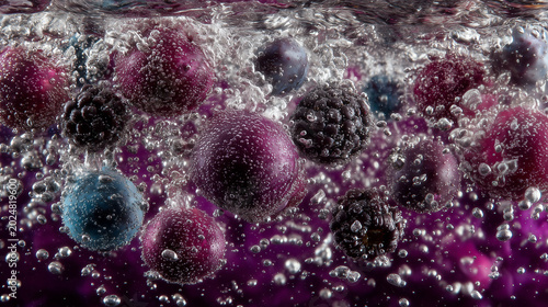 Floating berries and passion fruit underwater with sparkling bubbles and vibrant purple tones creating refreshing futuristic food composition.