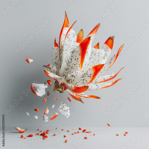 Creative floating dragon fruit explosion with flying peel fragments and minimal white studio background. Surreal tropical fruit concept with dynamic motion.