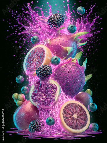 Futuristic tropical fruit composition with dragon fruit, citrus and berries exploding in vibrant neon liquid splash on dark background.