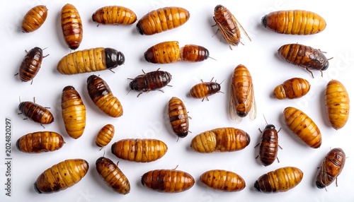 Close up of numerous insect pupae with varied colors and textures on white