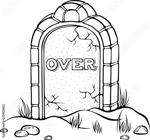 Old cracked gravestone with over inscription buried in ground with grass. For Halloween decor, coloring page design. Vector illustration in hand drawn doodle sketch style. Line art isolated on white