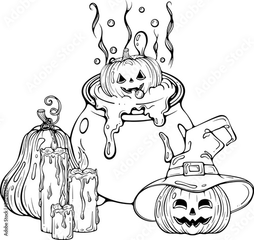 Halloween composition with witch cauldron, pumpkins Jack o lantern and candles. For scary decor, coloring book design. Vector illustration in hand drawn doodle sketch style. Line art isolated on white