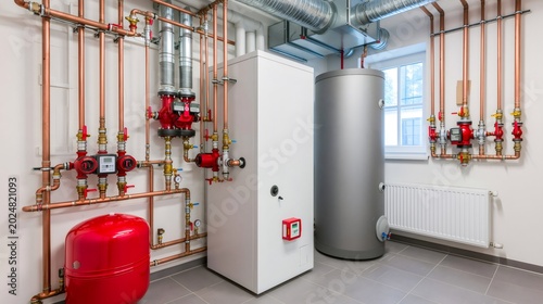 Modern boiler room with heat pump and copper pipes
