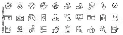 Approval checkmark verification web line icons set verified shield protection approved business handshake quality guarantee medal & more vector illustration with editable stroke