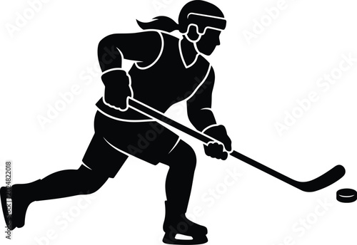 Photography Female hockey player silhouette in action with puck and stick