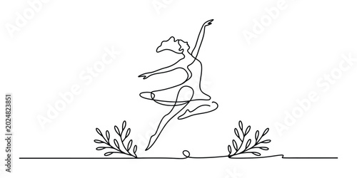 Foto Continuous single line drawing of a graceful ballerina jumping with decorative l