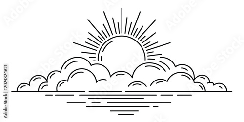 Simple line art icon of a sunrise over the ocean waves with clouds Vector, illustration