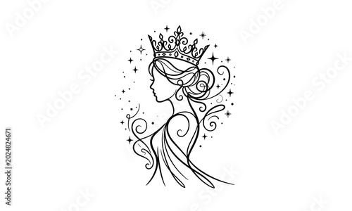 Elegant princess silhouette with crown and stars background isolated on transparent background, Vector, illustration one line silhouette vector image editable