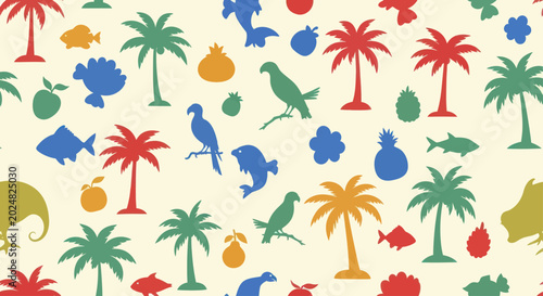 Photography Colorful Silhouettes of Tropical Flora and Fauna Pattern.