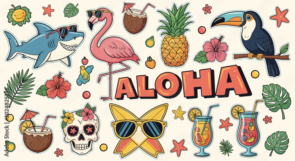 Obraz premium Colorful tropical aloha party elements with animals and fruits