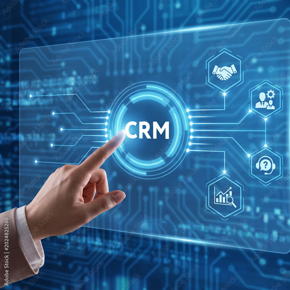 Naklejka premium Hand touching CRM screen interface for customer relationship management business concept