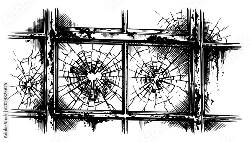 Foto Shattered glass window with cracked panes in vintage engraving style
