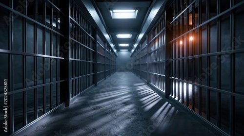 A gloomy, atmospheric hallway in a penitentiary or jail featuring rows of cell doors with metal bars and light casting long shadows on the floor.