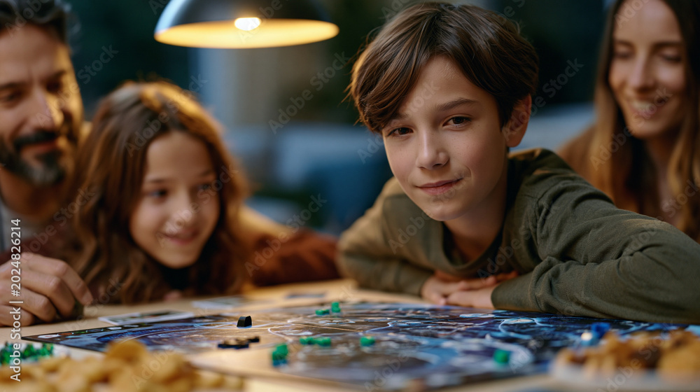 Fototapeta premium A chaotic board game mid-battle on a living room floor, snacks scattered, kids arguing over rules under a warm pendant lamp, parents hiding laughter, perfect for family game night, indoor fun, and c