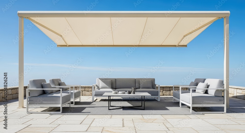 Fototapeta premium A luxurious stone patio features modern lounge furniture shaded by a cream retractable awning under a bright blue sky on a clear summer day, floor, relaxation, exterior