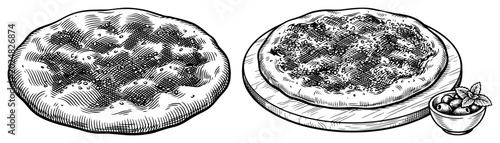 Bild auf Leinwand Pizza and focaccia flatbread with olives in hand drawn engraving style