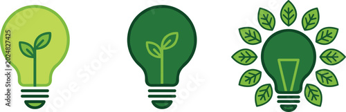 Green Eco Friendly Light Bulb with Plant Leaf Set Sustainable Energy Environment Concept Flat Vector Illustration