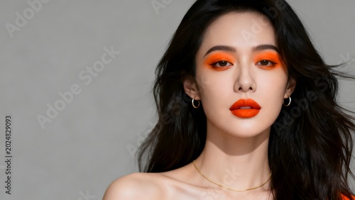 Woman with bold orange makeup