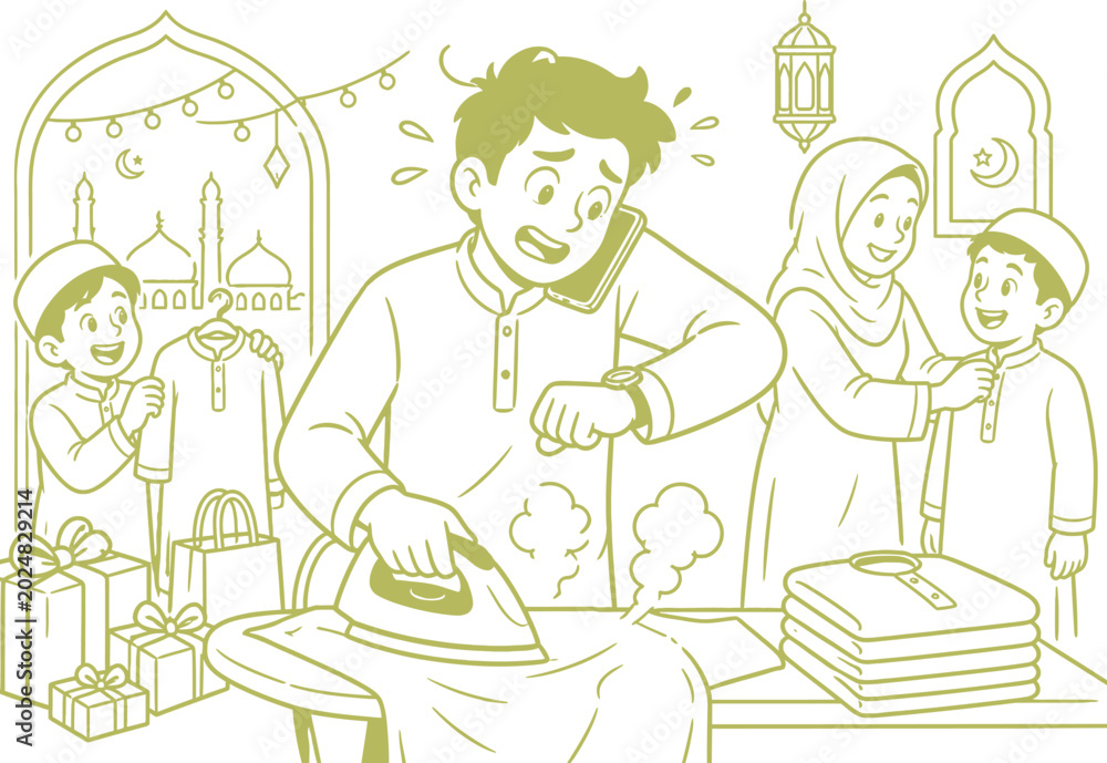Fototapeta premium Muslim Family Eid Preparation Rush illustration