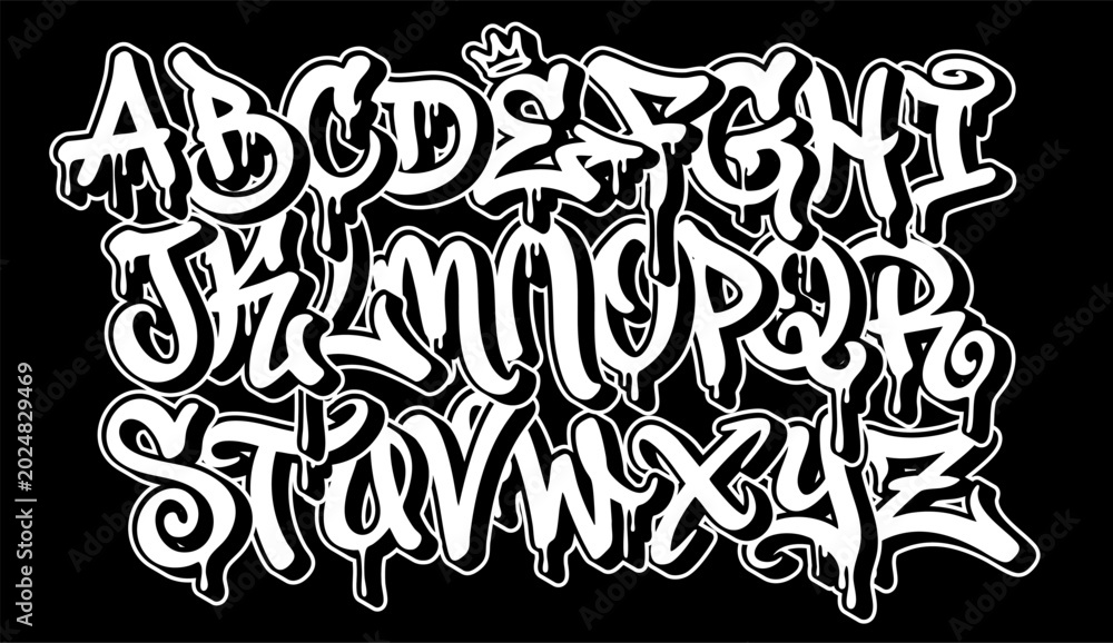Fototapeta premium Graffiti Alphabet Letters Set - White Dripping Wildstyle Street Art Font on Black Background