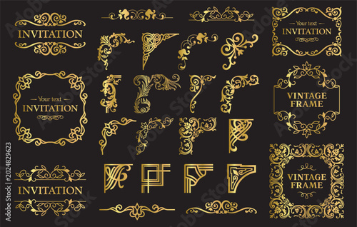 Design elements set, decorative flourish border corner and frame collection for invitation, menu and page decoration