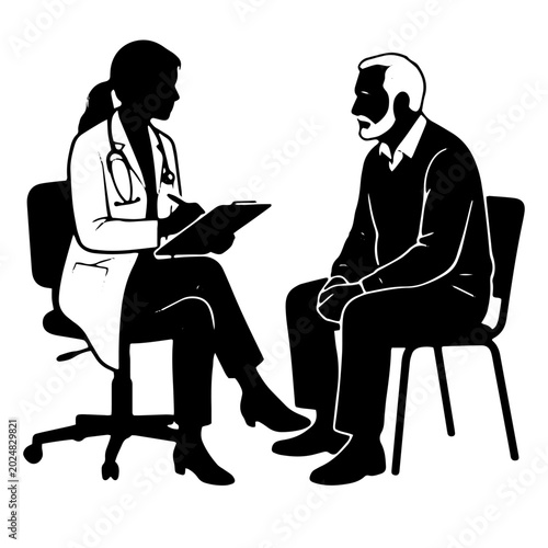 Doctor Consultation Silhouette: A silhouette illustration depicting a doctor, wearing a stethoscope and lab coat, taking notes on a clipboard while consulting with a seated patient.