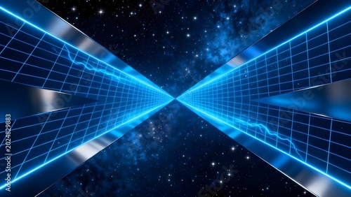 Blue neon grid tunnel in space